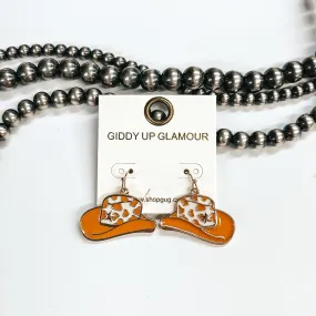 Cow Print Hat Hanging Pendant Earrings in Tan and Ivory