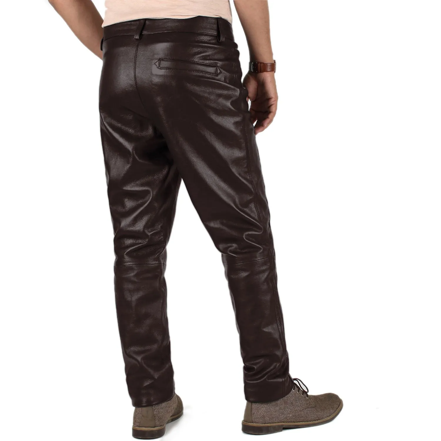 Crionis Men's Brown Slim Fit Leather Pants