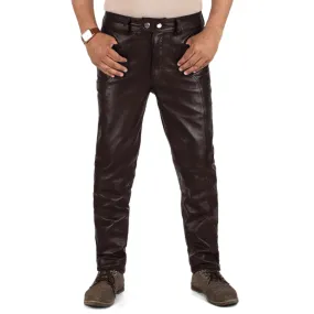 Crionis Men's Brown Slim Fit Leather Pants