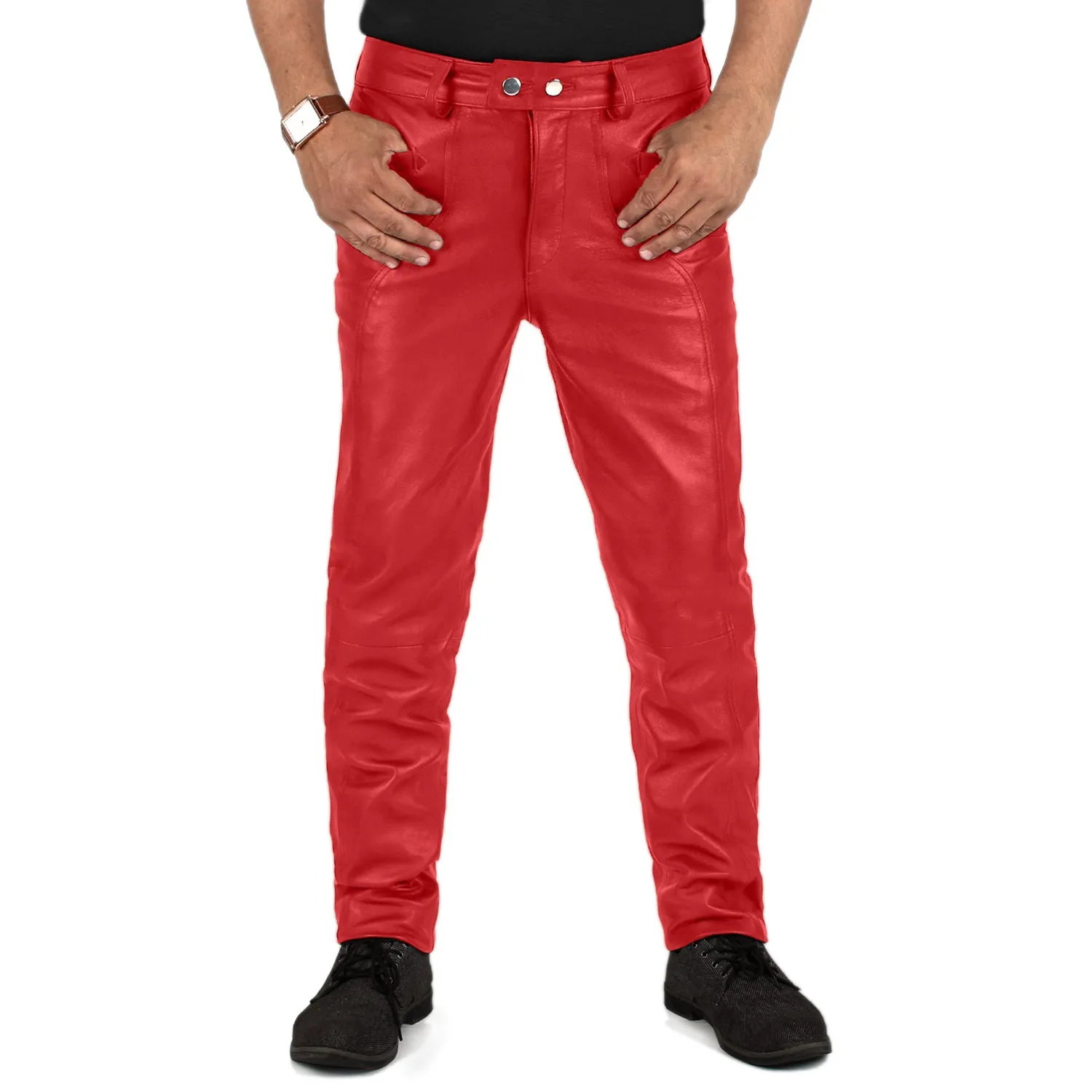 Crionis Men's Red Slim Fit Leather Pants