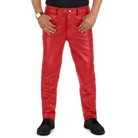 Crionis Men's Red Slim Fit Leather Pants