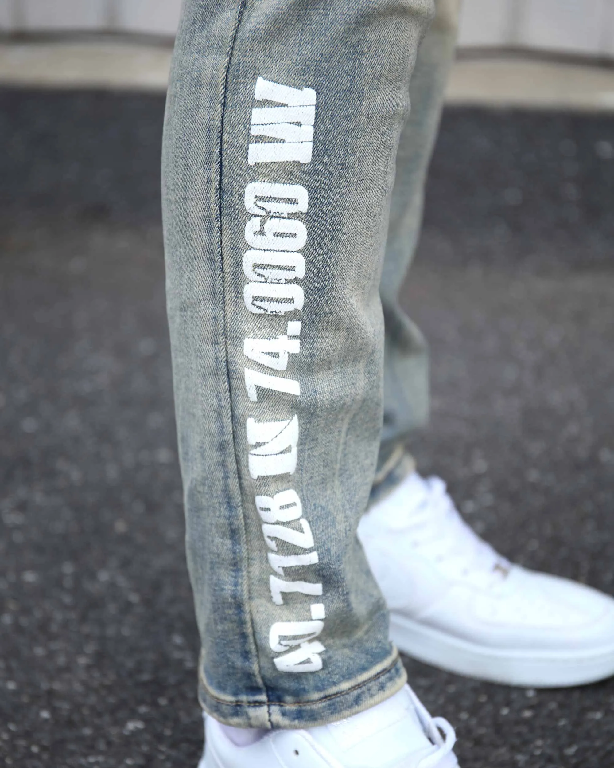 Distressed Light Wash Blue Ripped Jeans with Lion Motif Embroider
