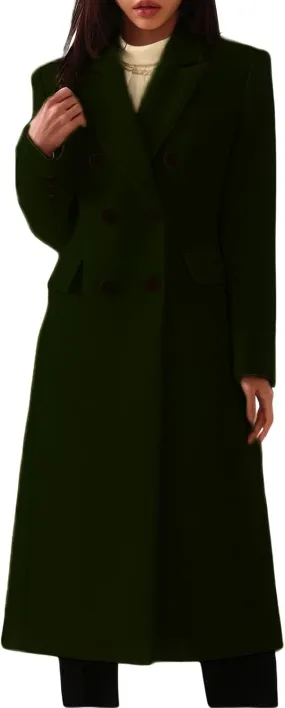 ebossy Womens Notch Lapel Double Breasted Wool Blend Mid Long Pea Coat Winter Casual Overcoat with Pockets