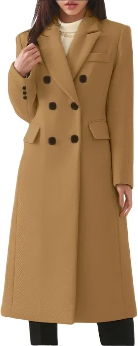 ebossy Womens Notch Lapel Double Breasted Wool Blend Mid Long Pea Coat Winter Casual Overcoat with Pockets