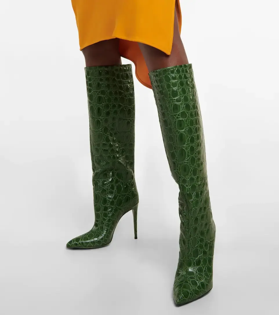 Evie Croc-Embossed High Heel Boots