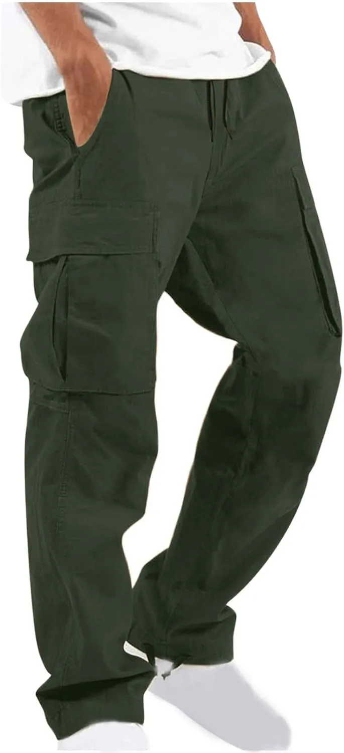 Finelylove Mens Cargo Pants Straight Fit Cargo Pants Elastic Waist Casual Sweatpants Trousers with Drawstring Ankle