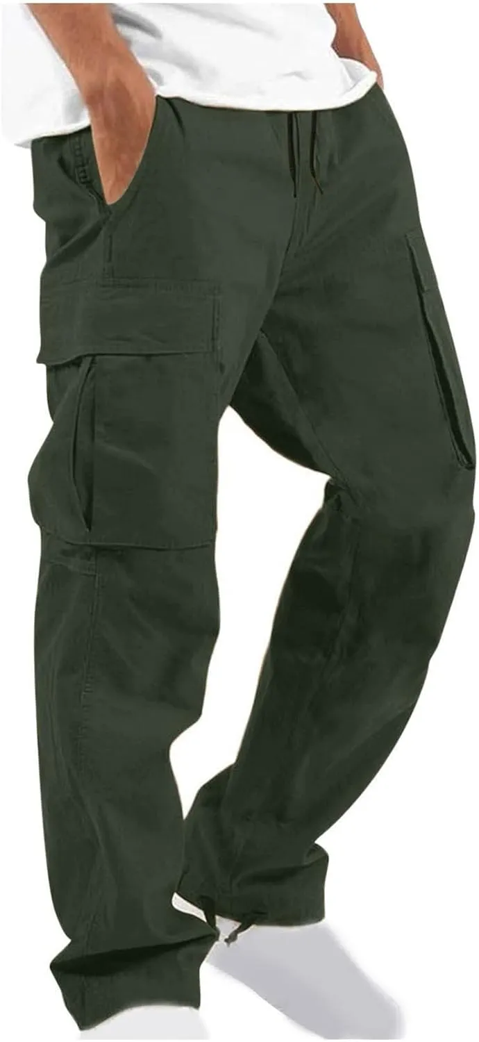 Finelylove Mens Cargo Pants Straight Fit Cargo Pants Elastic Waist Casual Sweatpants Trousers with Drawstring Ankle