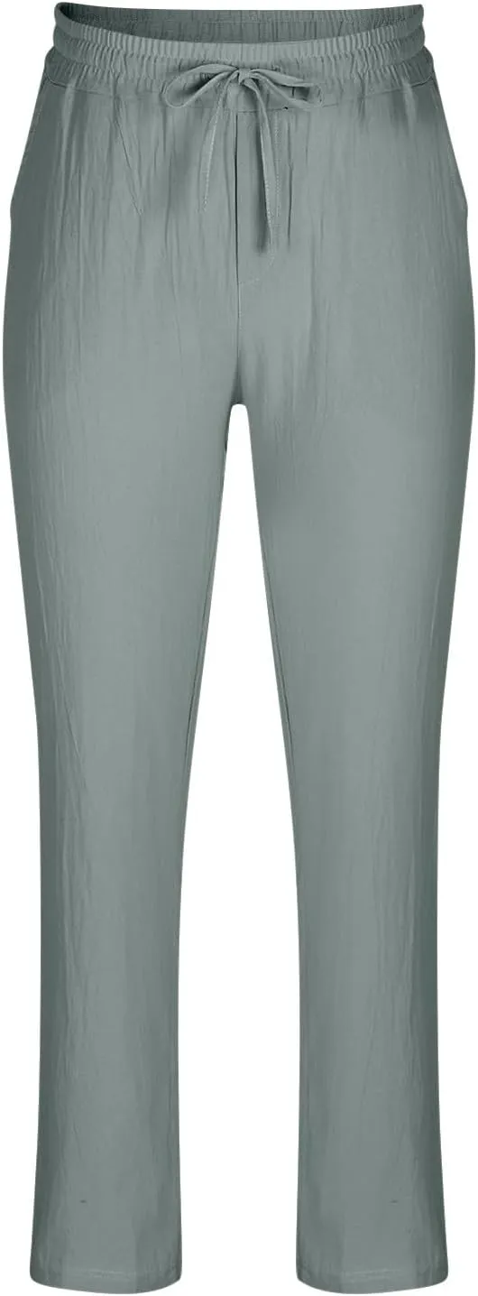 Finelylove Mens Linen Pants Casual Beach Yoga Pants Loose Fit Elastic Waist Straight Leg Solid Trousers with Pockets
