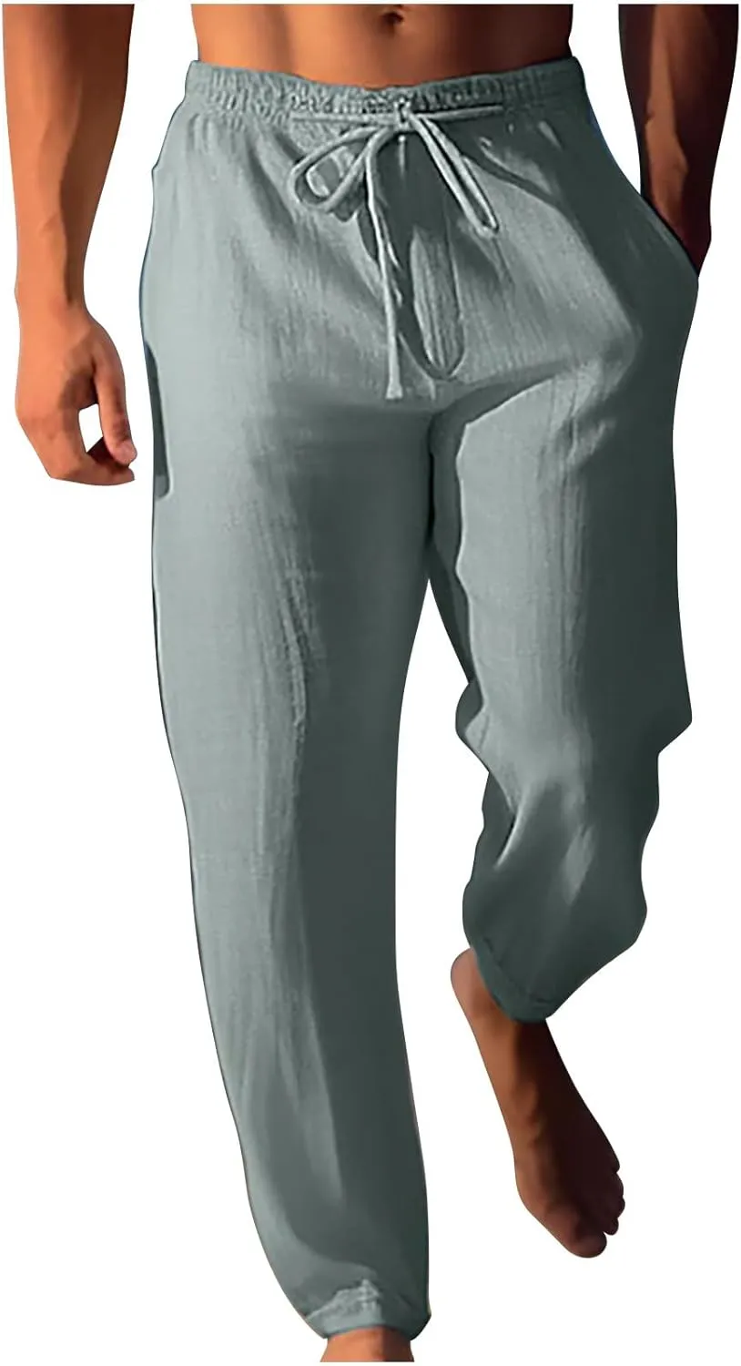 Finelylove Mens Linen Pants Casual Beach Yoga Pants Loose Fit Elastic Waist Straight Leg Solid Trousers with Pockets