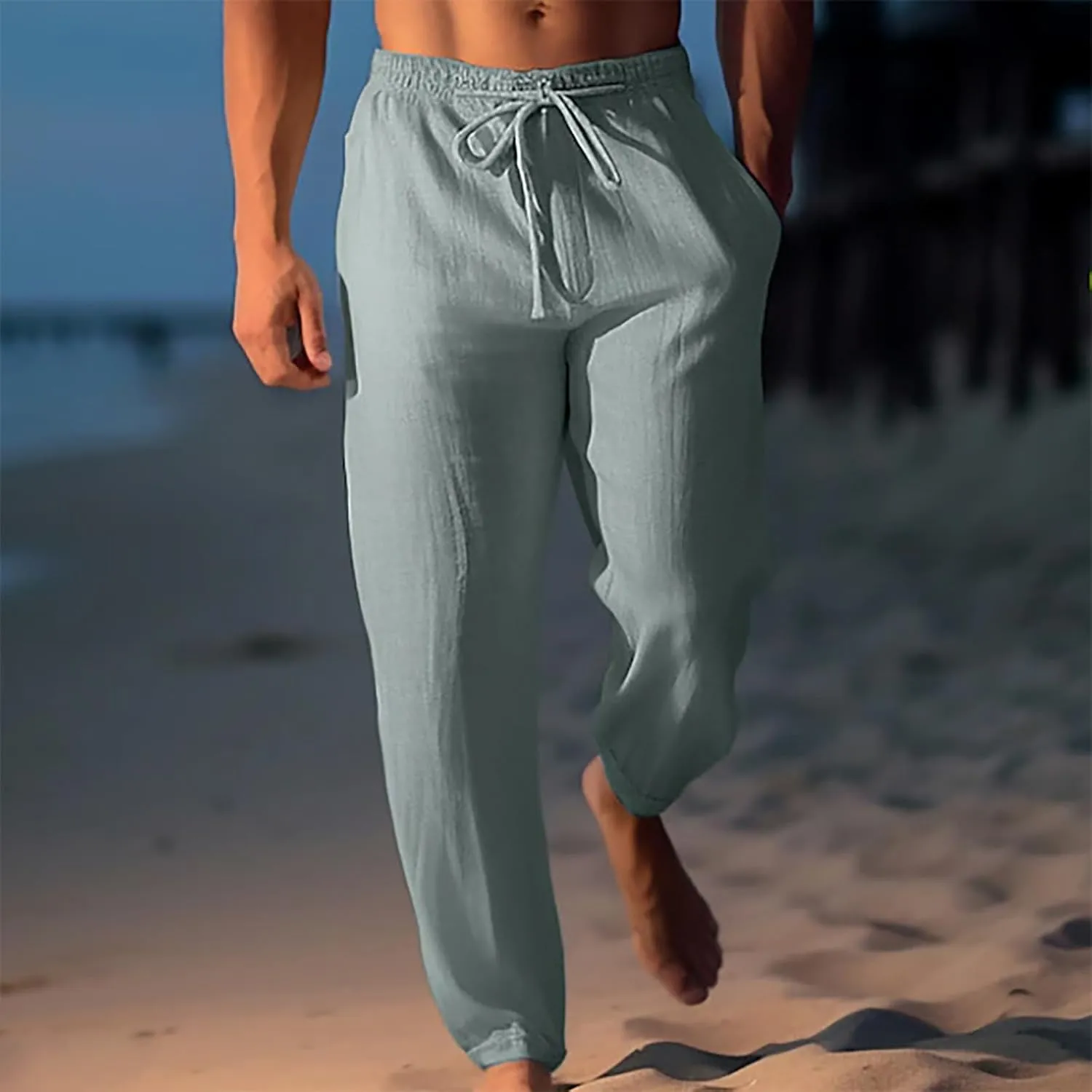 Finelylove Mens Linen Pants Casual Beach Yoga Pants Loose Fit Elastic Waist Straight Leg Solid Trousers with Pockets