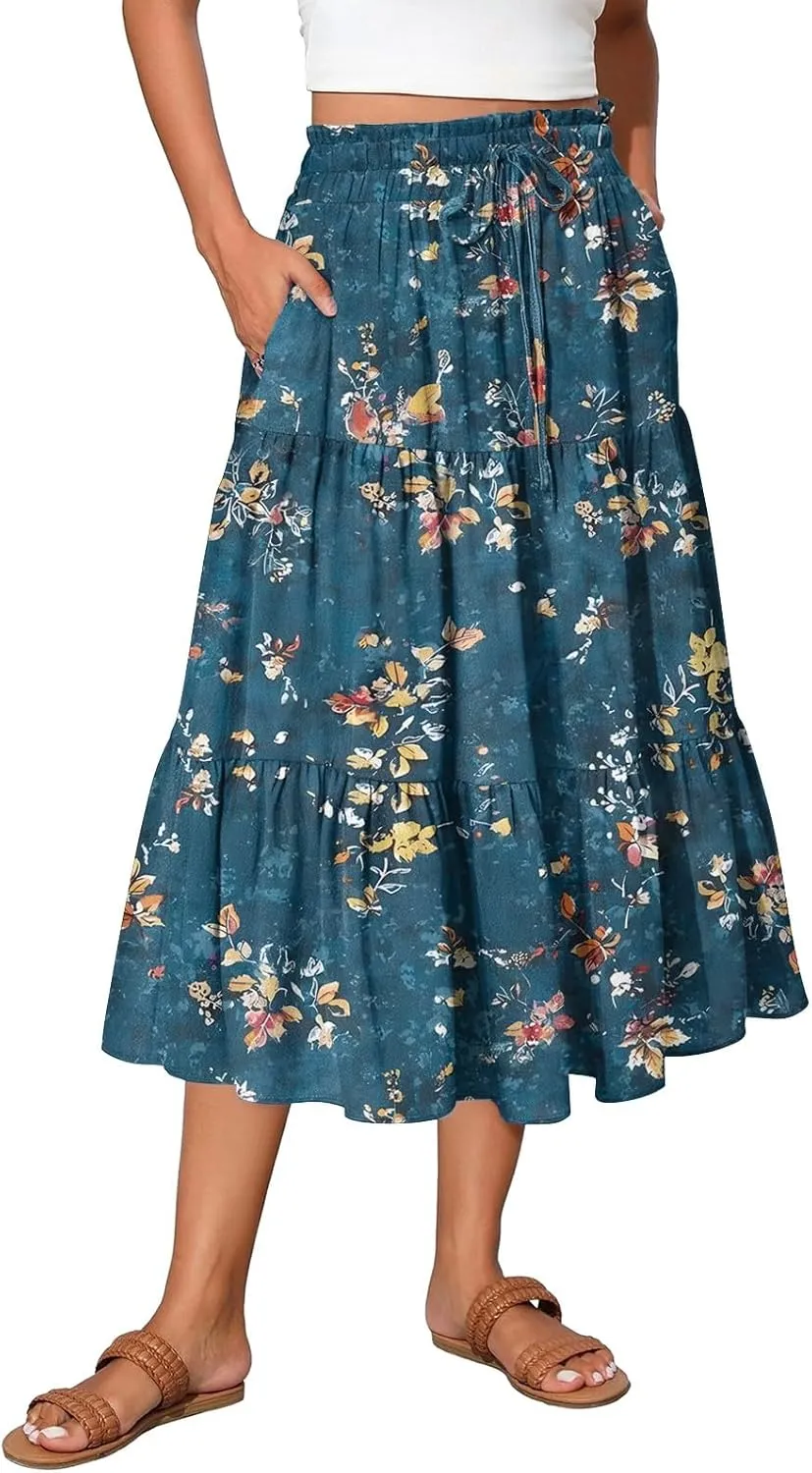 Floral Skirts for Women Midi Length Flutter Beach Flowy Vacation Trendy Festival Casual Peasant Swing Going Out Cute Skirts