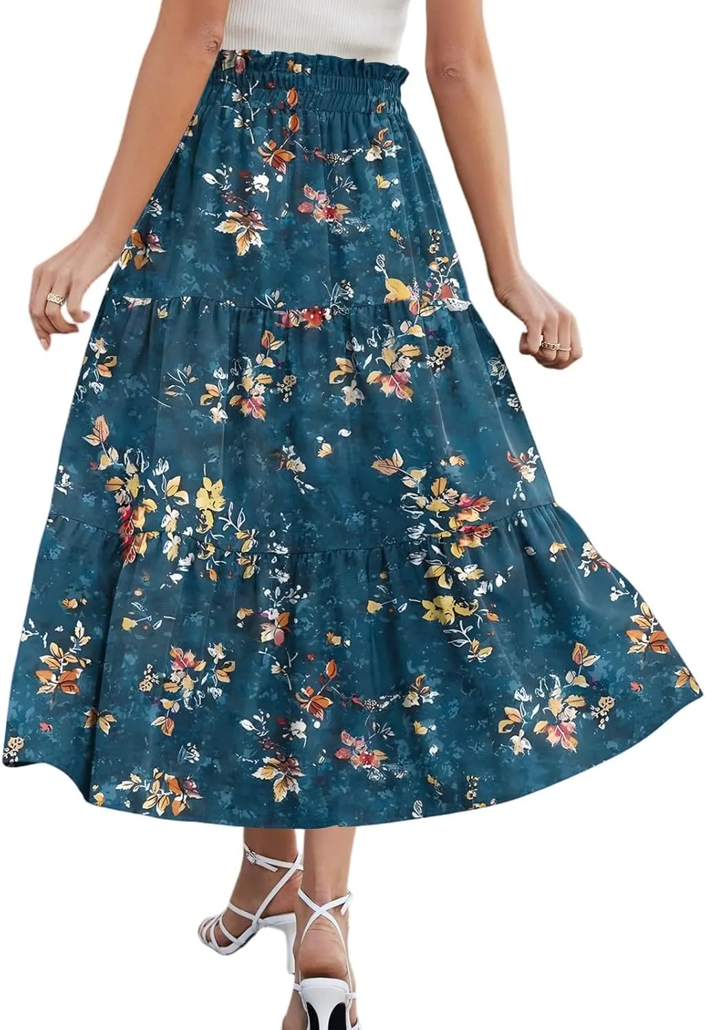 Floral Skirts for Women Midi Length Flutter Beach Flowy Vacation Trendy Festival Casual Peasant Swing Going Out Cute Skirts