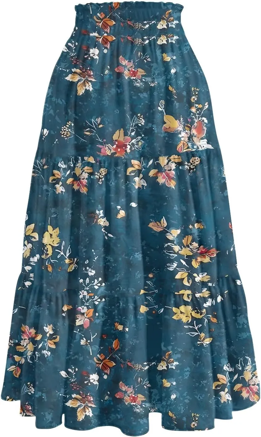 Floral Skirts for Women Midi Length Flutter Beach Flowy Vacation Trendy Festival Casual Peasant Swing Going Out Cute Skirts