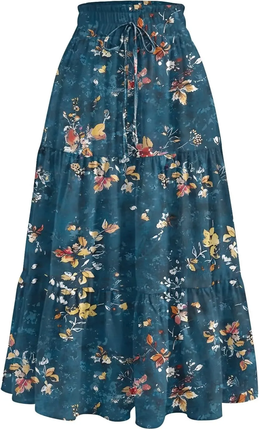 Floral Skirts for Women Midi Length Flutter Beach Flowy Vacation Trendy Festival Casual Peasant Swing Going Out Cute Skirts