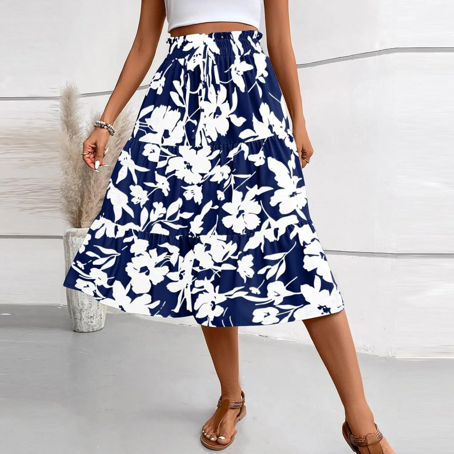 Floral Skirts for Women Swing Beach Flutter Travel Elastic Waist Going Out Smocked Country Casual Vacation Cute Skirts