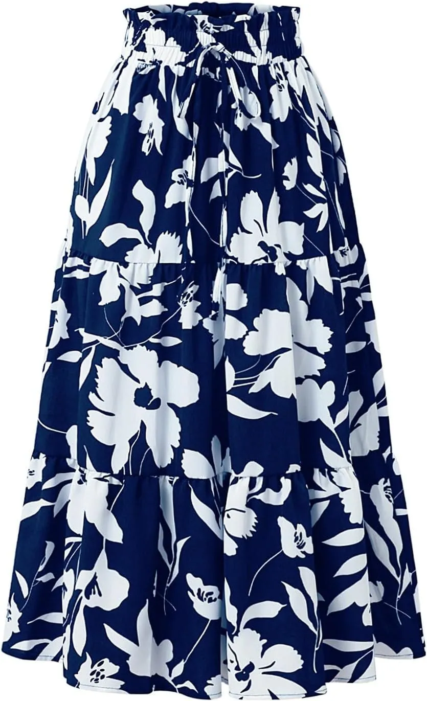 Floral Skirts for Women Swing Beach Flutter Travel Elastic Waist Going Out Smocked Country Casual Vacation Cute Skirts