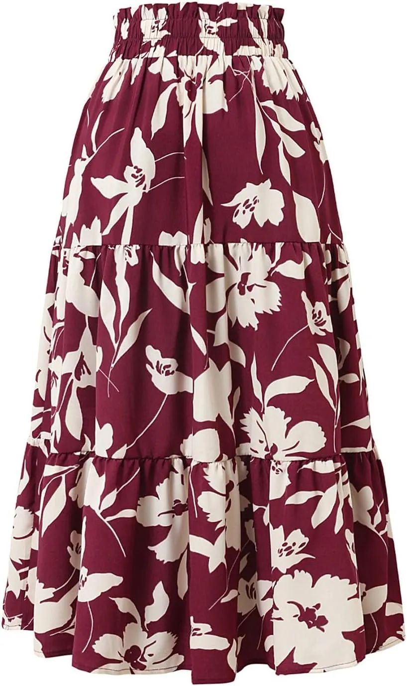 Floral Skirts for Women Swing Beach Flutter Travel Elastic Waist Going Out Smocked Country Casual Vacation Cute Skirts