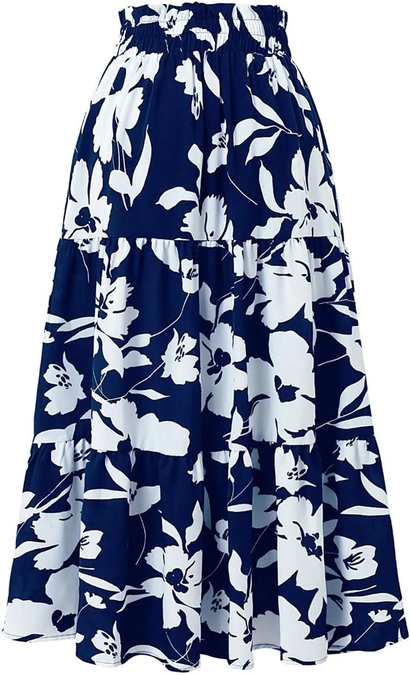 Floral Skirts for Women Swing Beach Flutter Travel Elastic Waist Going Out Smocked Country Casual Vacation Cute Skirts