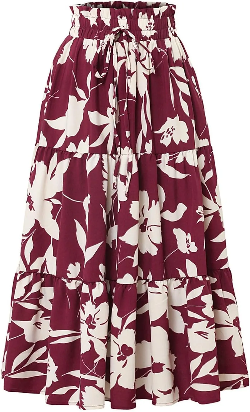 Floral Skirts for Women Swing Beach Flutter Travel Elastic Waist Going Out Smocked Country Casual Vacation Cute Skirts