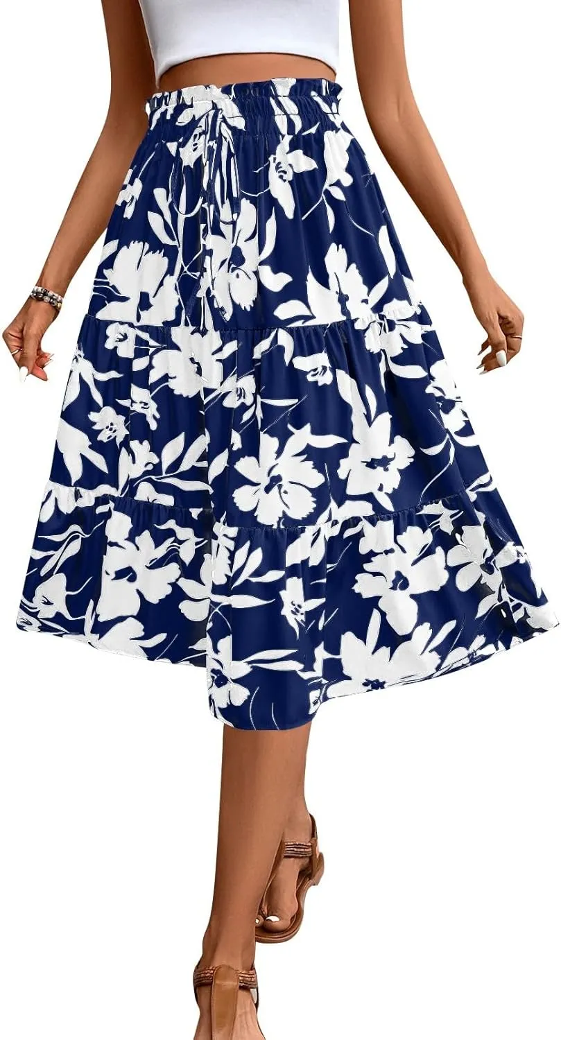 Floral Skirts for Women Swing Beach Flutter Travel Elastic Waist Going Out Smocked Country Casual Vacation Cute Skirts
