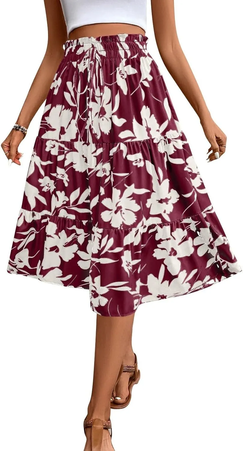 Floral Skirts for Women Swing Beach Flutter Travel Elastic Waist Going Out Smocked Country Casual Vacation Cute Skirts