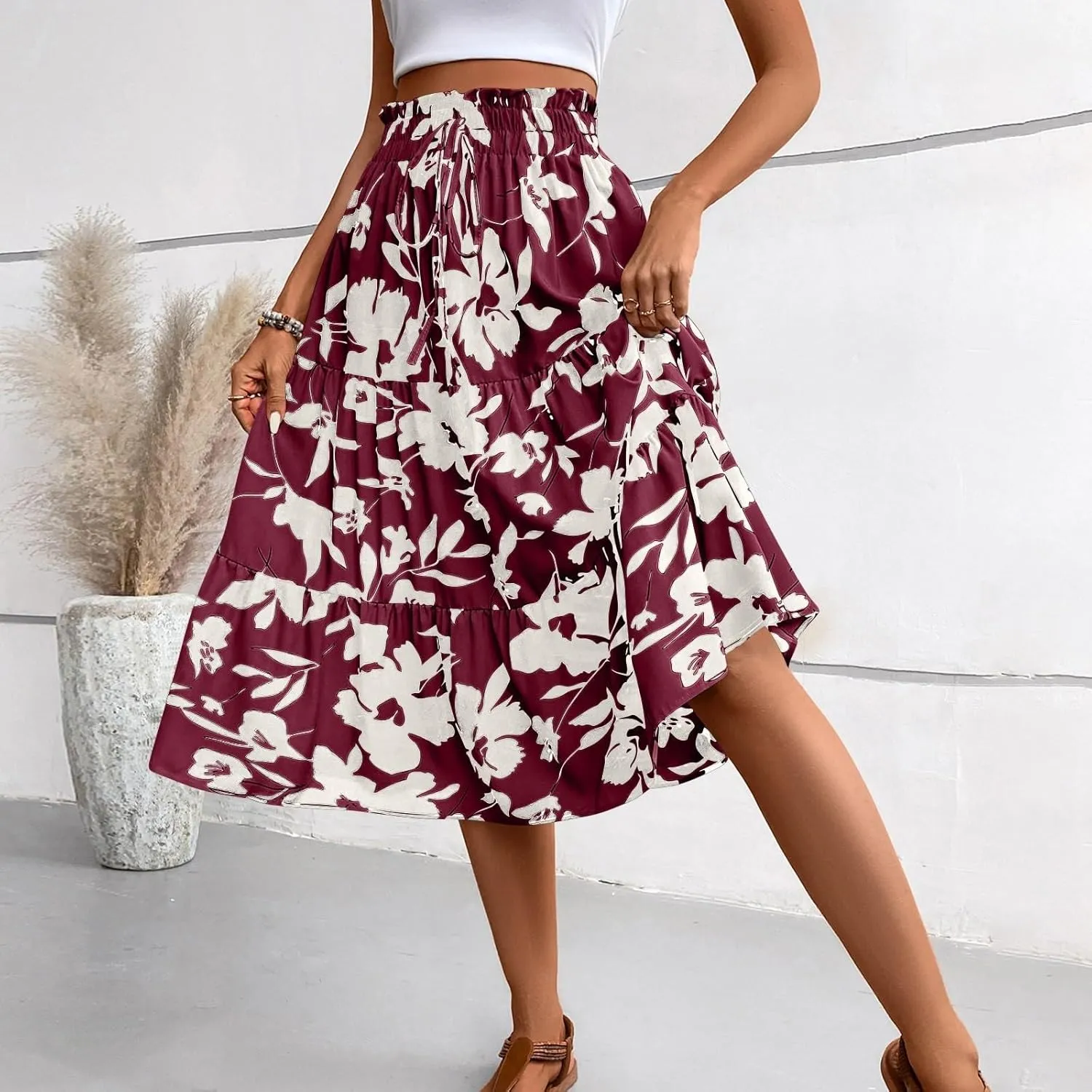 Floral Skirts for Women Swing Beach Flutter Travel Elastic Waist Going Out Smocked Country Casual Vacation Cute Skirts