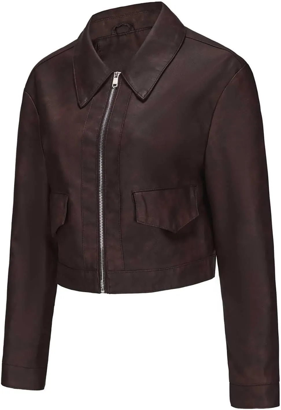 HGps8w Women's Cropped Faux Leather Jacket, Chic Lapel Zipper Up Casual PU Moto Bike Coat Outwear with Pockets