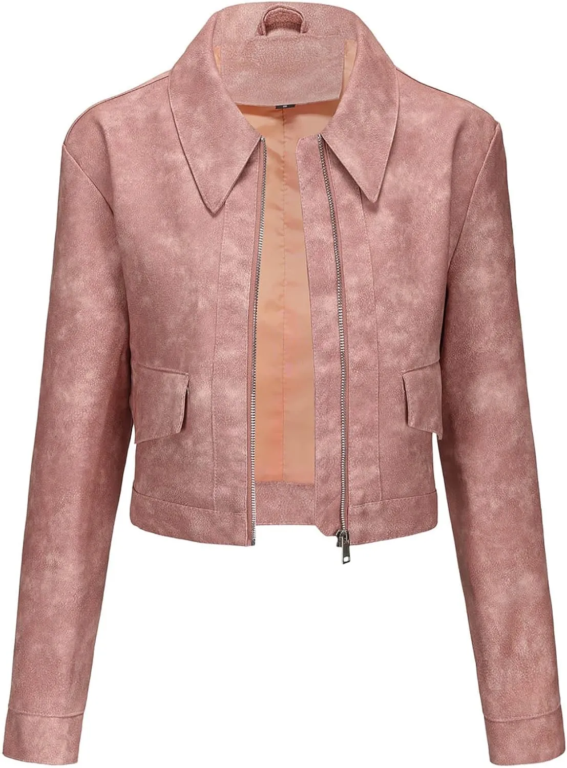 HGps8w Women's Cropped Faux Leather Jacket, Chic Lapel Zipper Up Casual PU Moto Bike Coat Outwear with Pockets