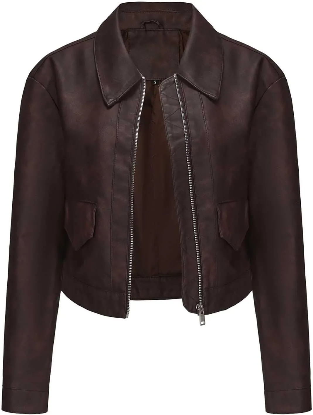 HGps8w Women's Cropped Faux Leather Jacket, Chic Lapel Zipper Up Casual PU Moto Bike Coat Outwear with Pockets