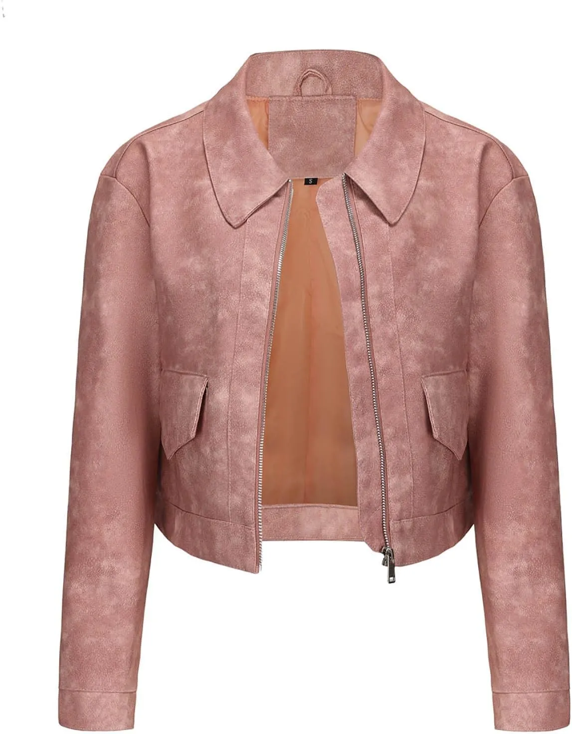 HGps8w Women's Cropped Faux Leather Jacket, Chic Lapel Zipper Up Casual PU Moto Bike Coat Outwear with Pockets