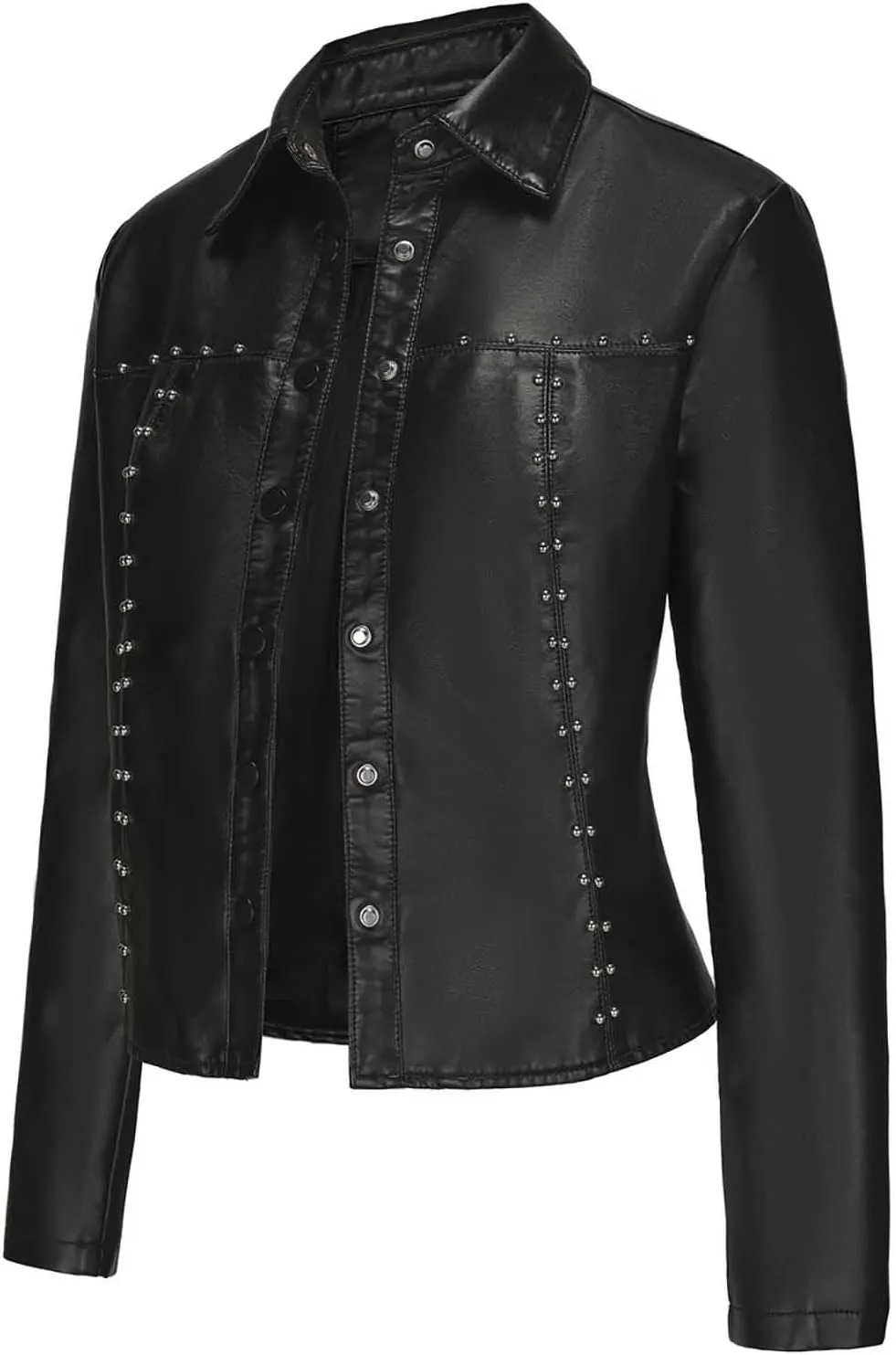 HGps8w Women's Punk Rivets Cropped Faux Leather Jacket, Chic Lapel Button Down Casual PU Moto Bike Coat Outwear
