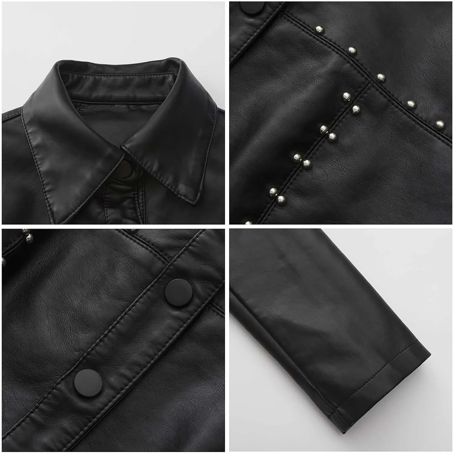 HGps8w Women's Punk Rivets Cropped Faux Leather Jacket, Chic Lapel Button Down Casual PU Moto Bike Coat Outwear