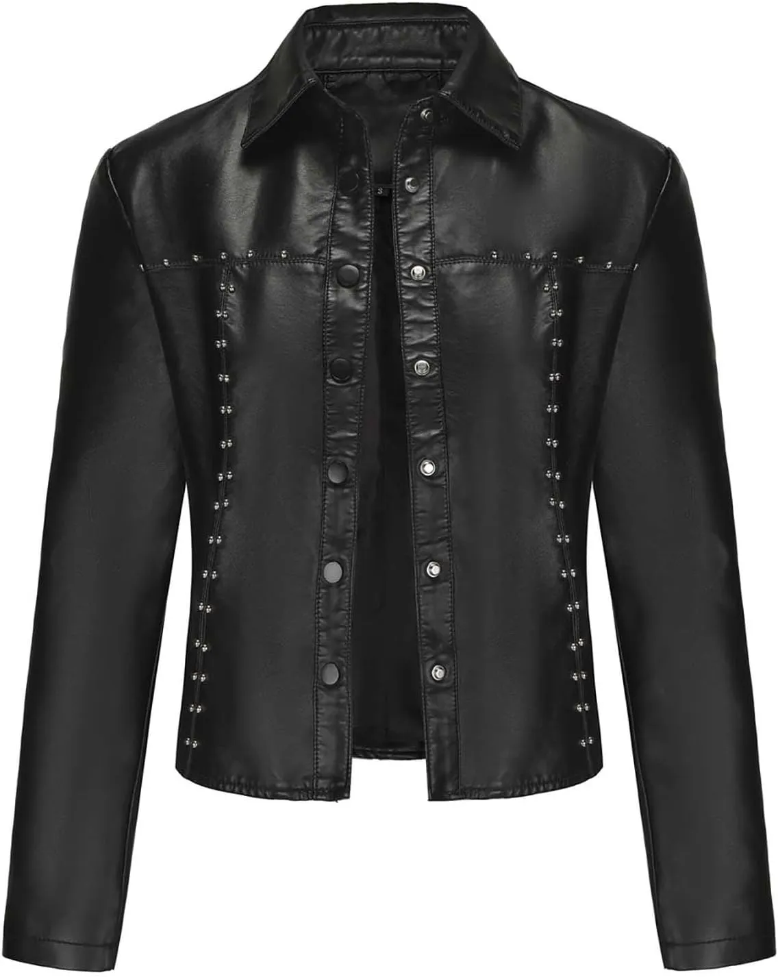 HGps8w Women's Punk Rivets Cropped Faux Leather Jacket, Chic Lapel Button Down Casual PU Moto Bike Coat Outwear