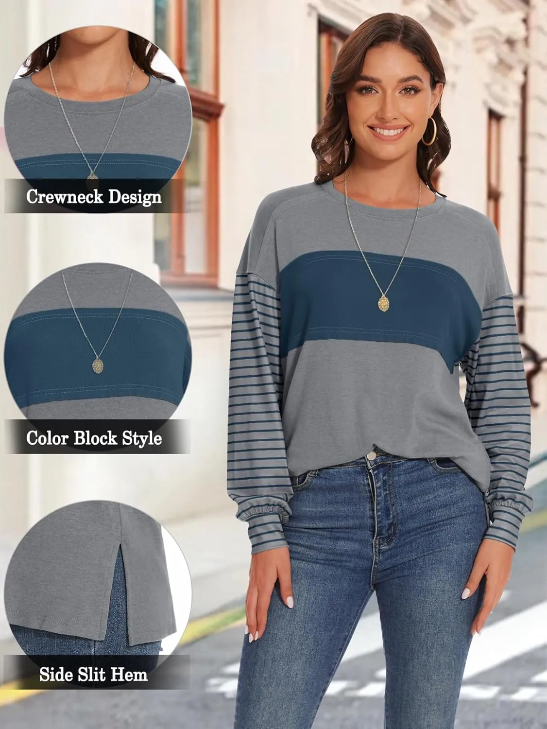 Jenbou Long Sleeve Shirts for Women Fall Tops 2024 Color Block Striped T Shirts Tunic Tops Oversized Crew Neck Tees