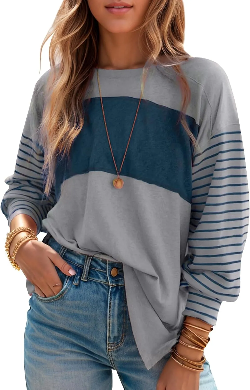 Jenbou Long Sleeve Shirts for Women Fall Tops 2024 Color Block Striped T Shirts Tunic Tops Oversized Crew Neck Tees