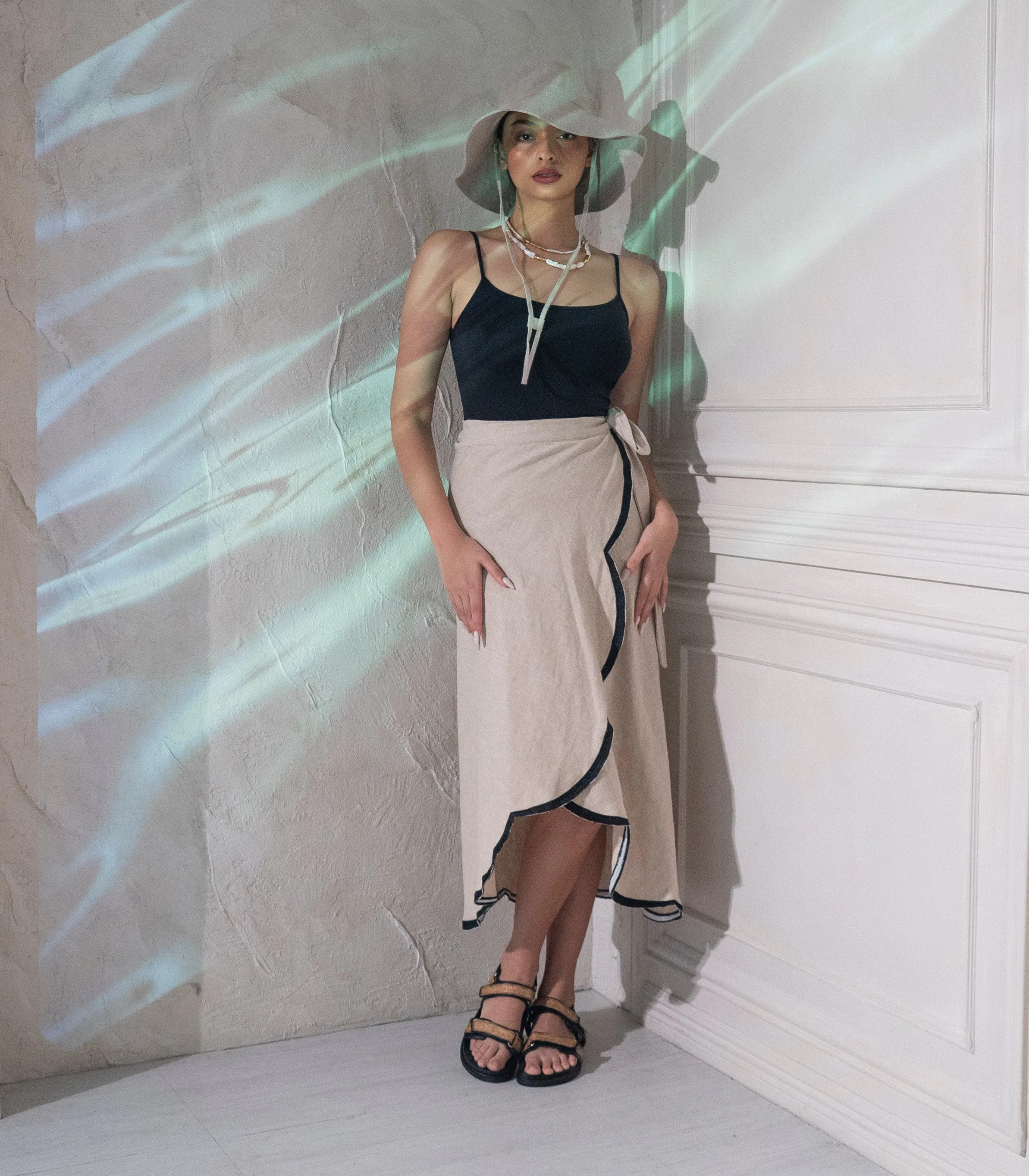 Karatina Scallop Hem Wrap  Skirt (Oatmeal)