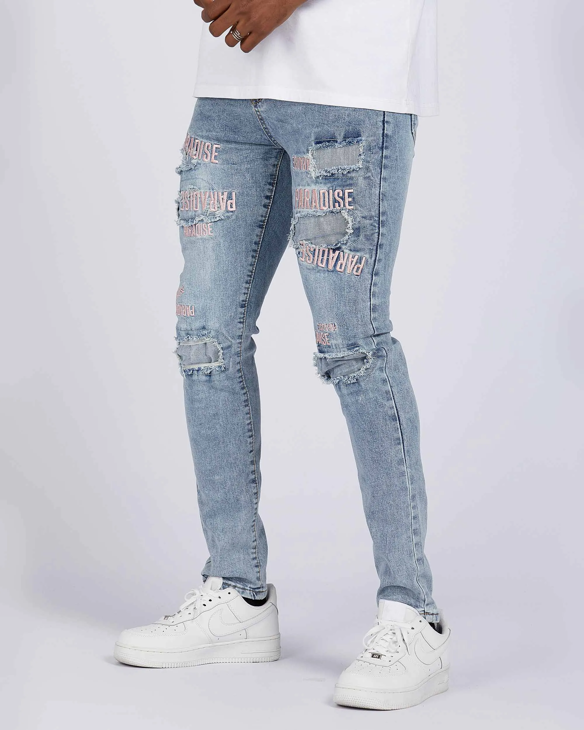 Light Wash Blue Rip & Repair Jeans with Embroidered-Mexico Local Delivery