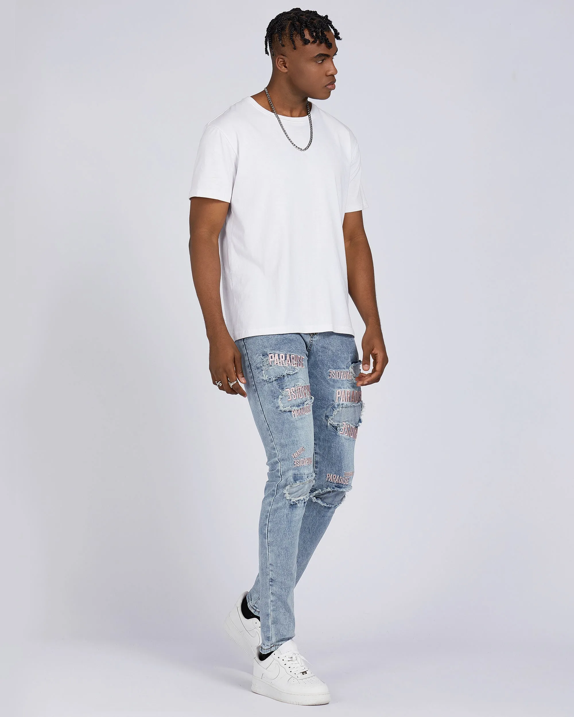 Light Wash Blue Rip & Repair Jeans with Embroidered-Mexico Local Delivery