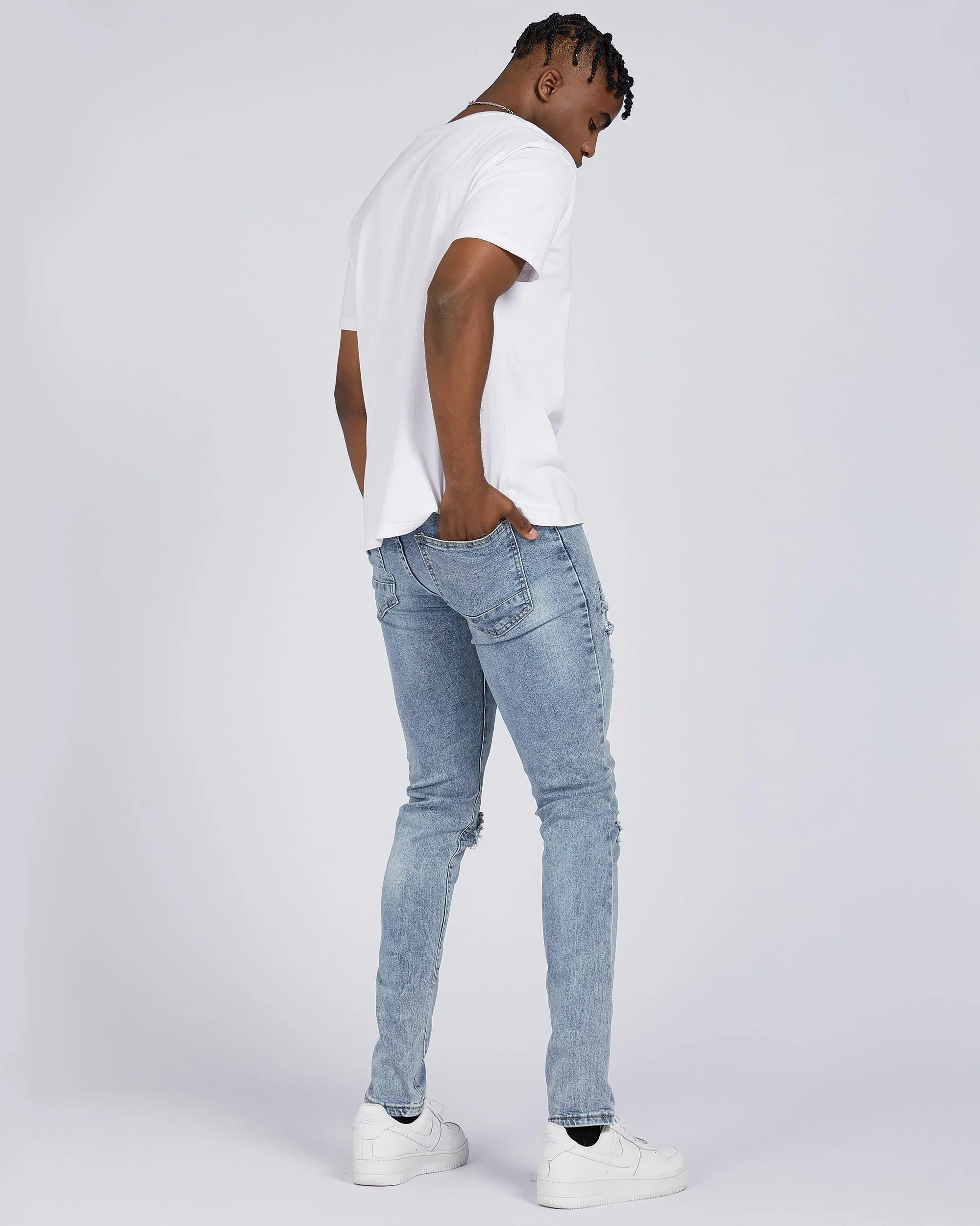 Light Wash Blue Rip & Repair Jeans with Embroidered-Mexico Local Delivery