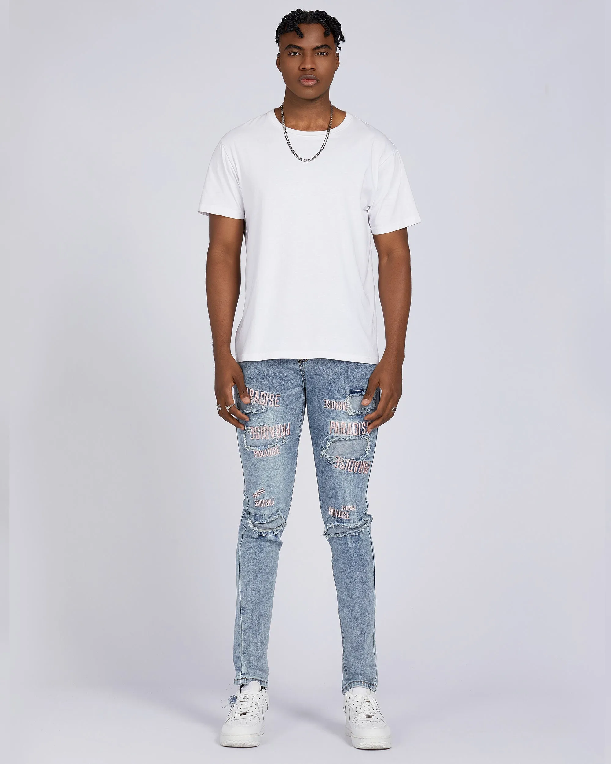 Light Wash Blue Rip & Repair Jeans with Embroidered-Mexico Local Delivery
