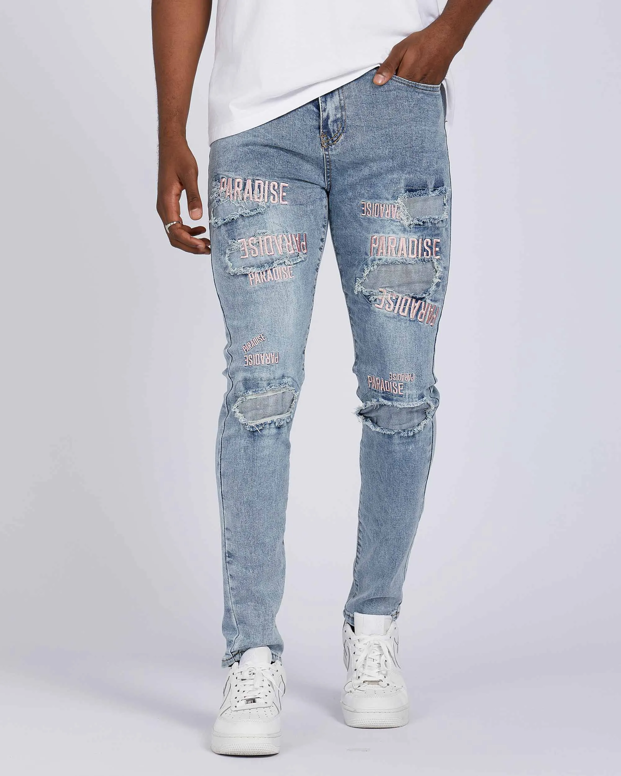 Light Wash Blue Rip & Repair Jeans with Embroidered-Mexico Local Delivery