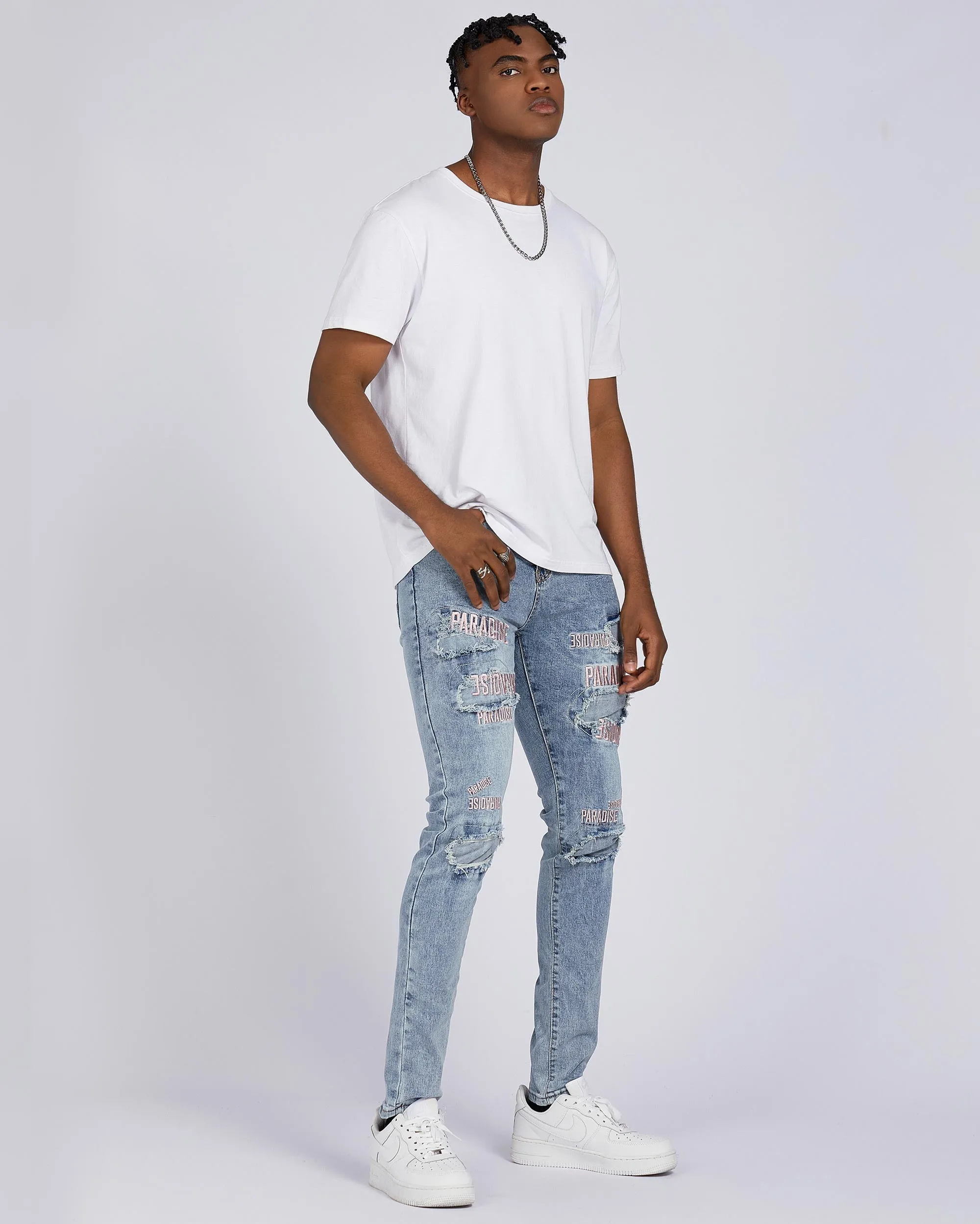 Light Wash Blue Rip & Repair Jeans with Embroidered-Mexico Local Delivery