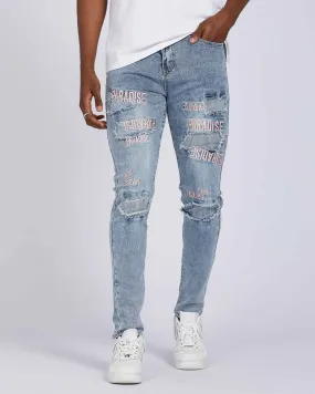 Light Wash Blue Rip & Repair Jeans with Embroidered-Mexico Local Delivery