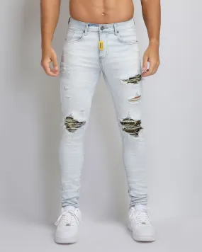 Light Wash Ripped Blue Jeans with Camouflage Patch-Mexico Local Delivery