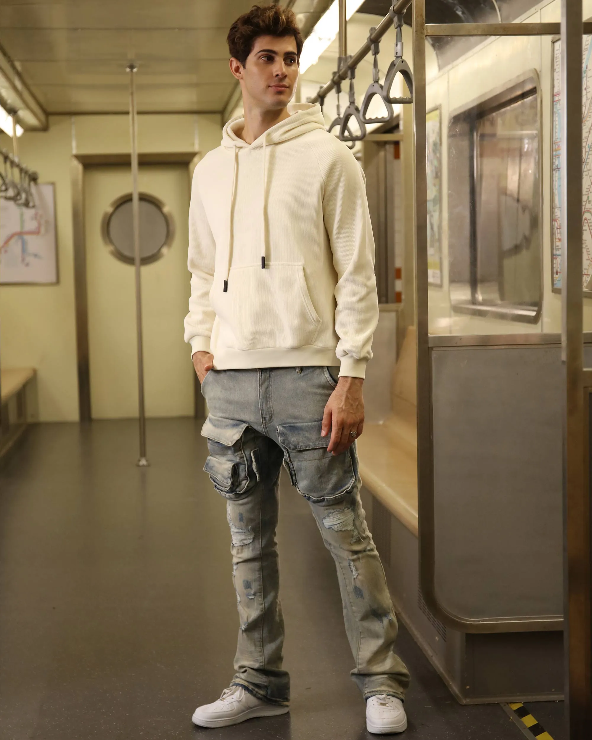 Light Wash Straight Leg Distressed Cargo Jeans