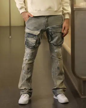 Light Wash Straight Leg Distressed Cargo Jeans