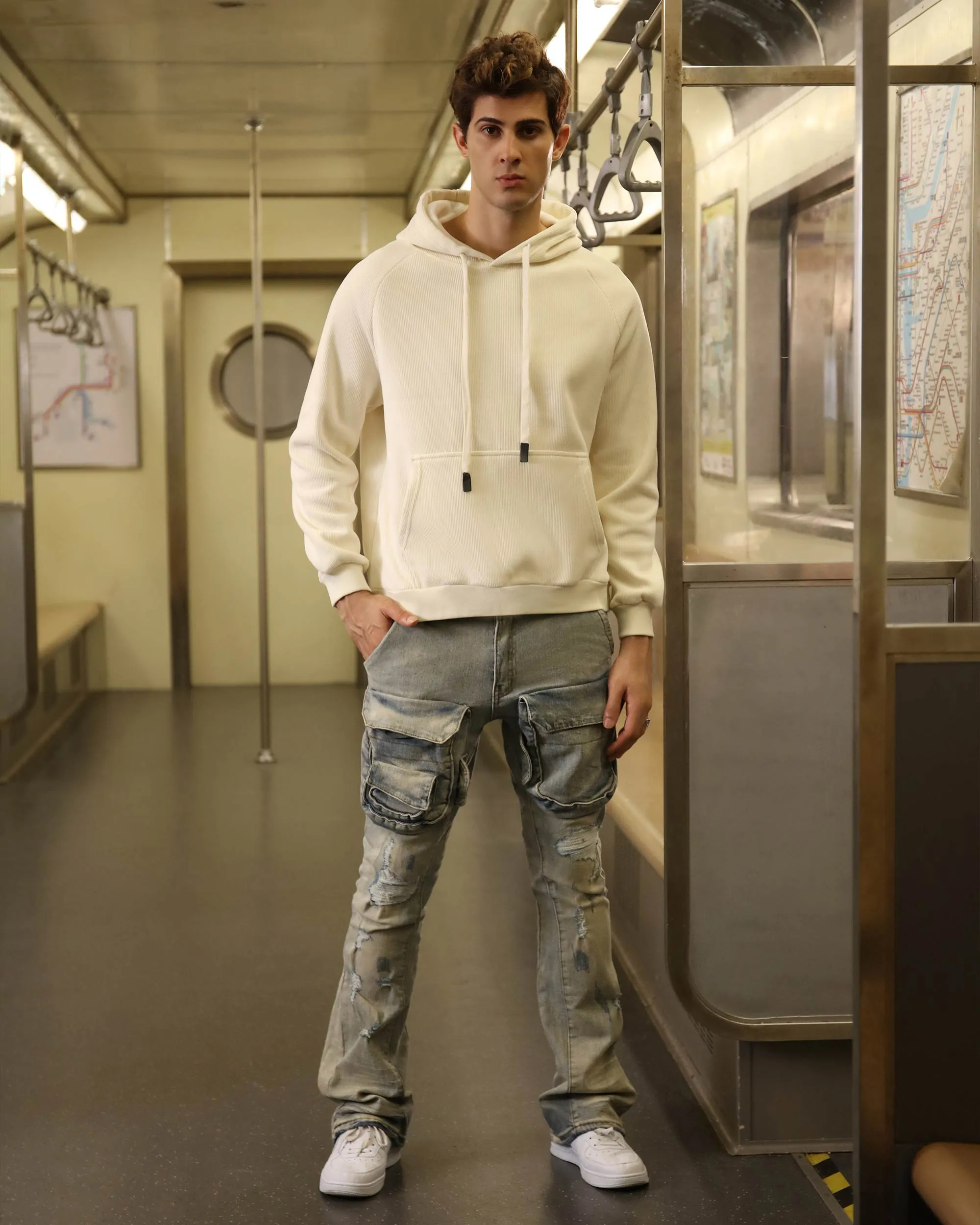 Light Wash Straight Leg Distressed Cargo Jeans