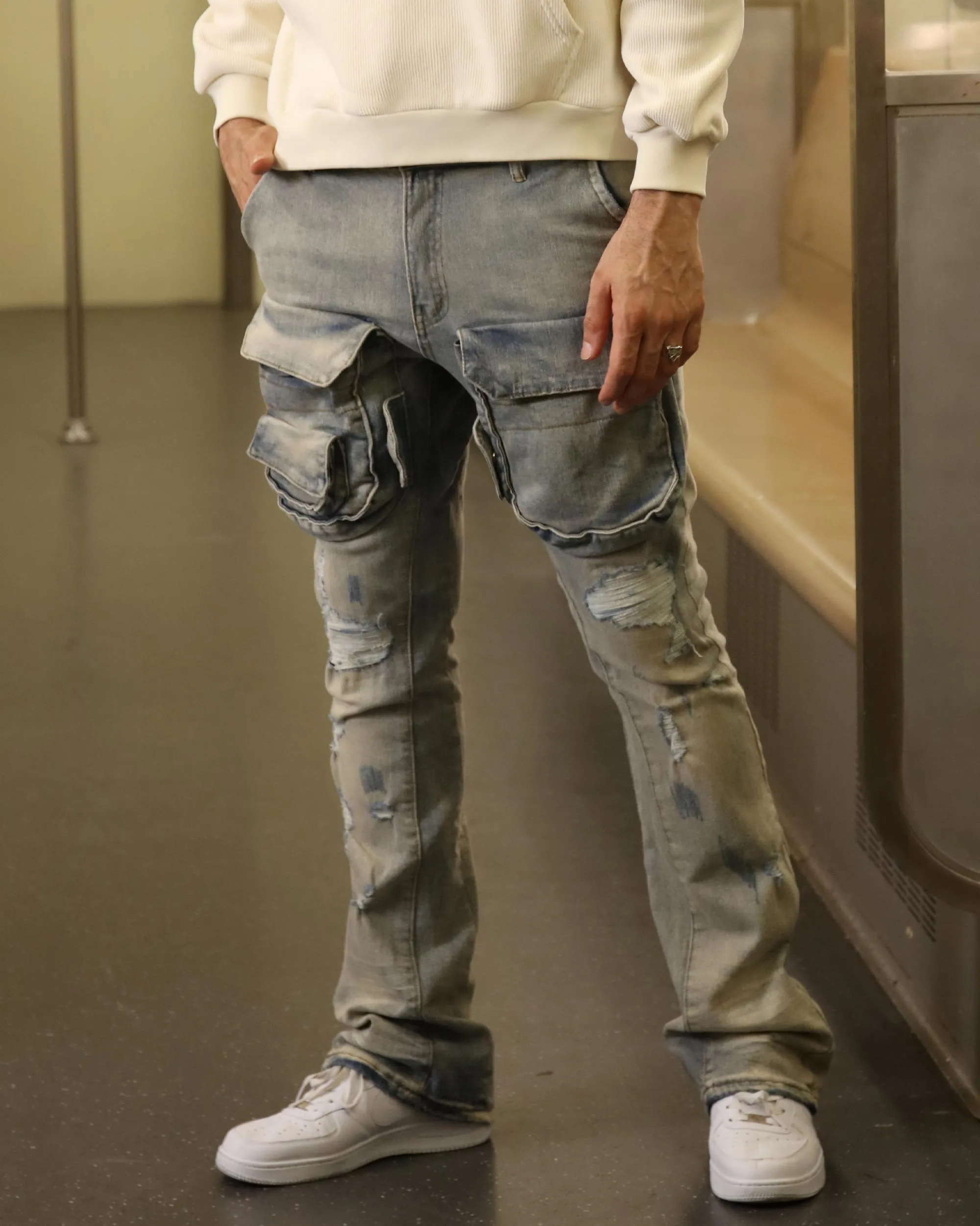 Light Wash Straight Leg Distressed Cargo Jeans
