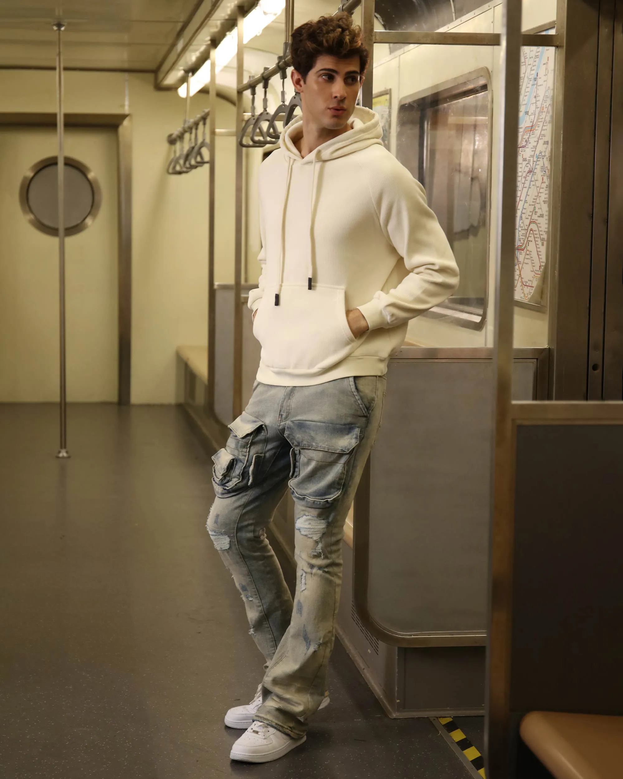 Light Wash Straight Leg Distressed Cargo Jeans