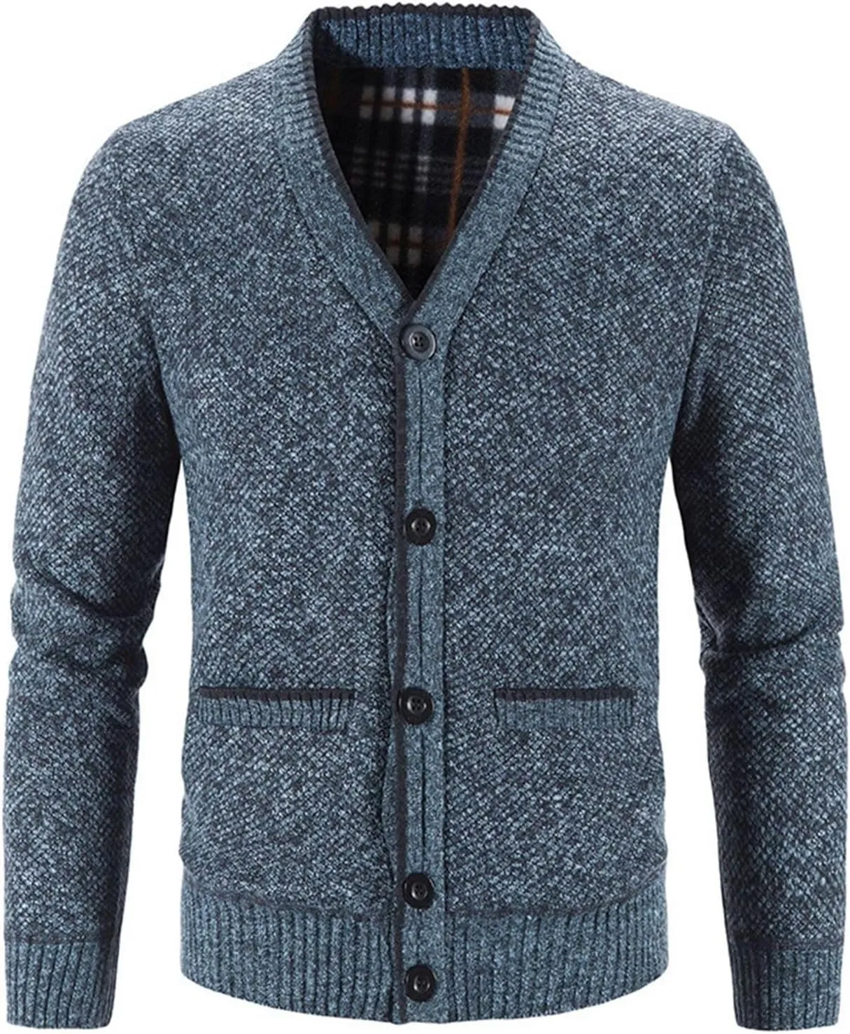 Lu's Chic Men's Long Sleeve Sweater Knit V Neck Button Down Slim Fit Winter Top Soft Casual Cozy Fleece Lined Cardigan